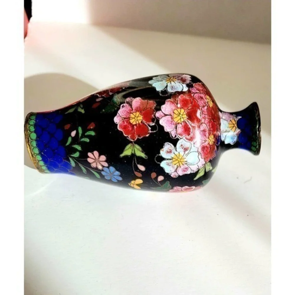 HP Antique Chinese Blue Pink Floral Chrysanthemums Butterflies‎ Cloisonné Vase